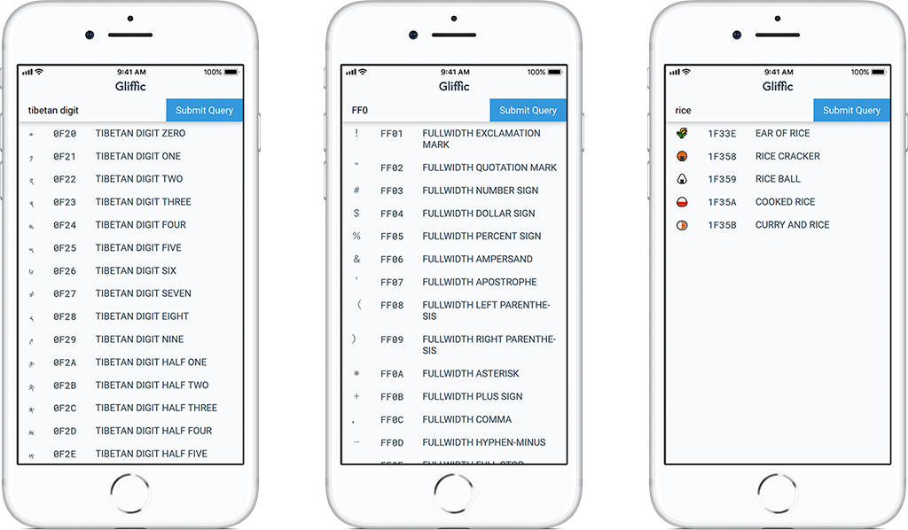 Gliffic allows users to search codepoints by partial name or hexadecimal value. Results display the glyph, hexadecimal codepoint, and canonical name. Emoji are rendered in color.